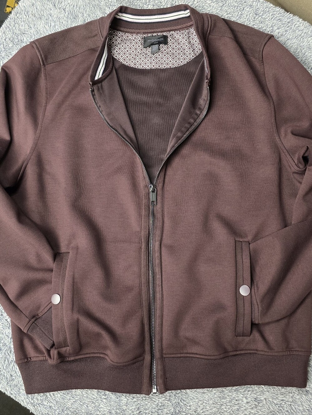 Magaschoni Men’s Brown Zip‑Front Bomber Jacket L | Classic Casual Outerwear
